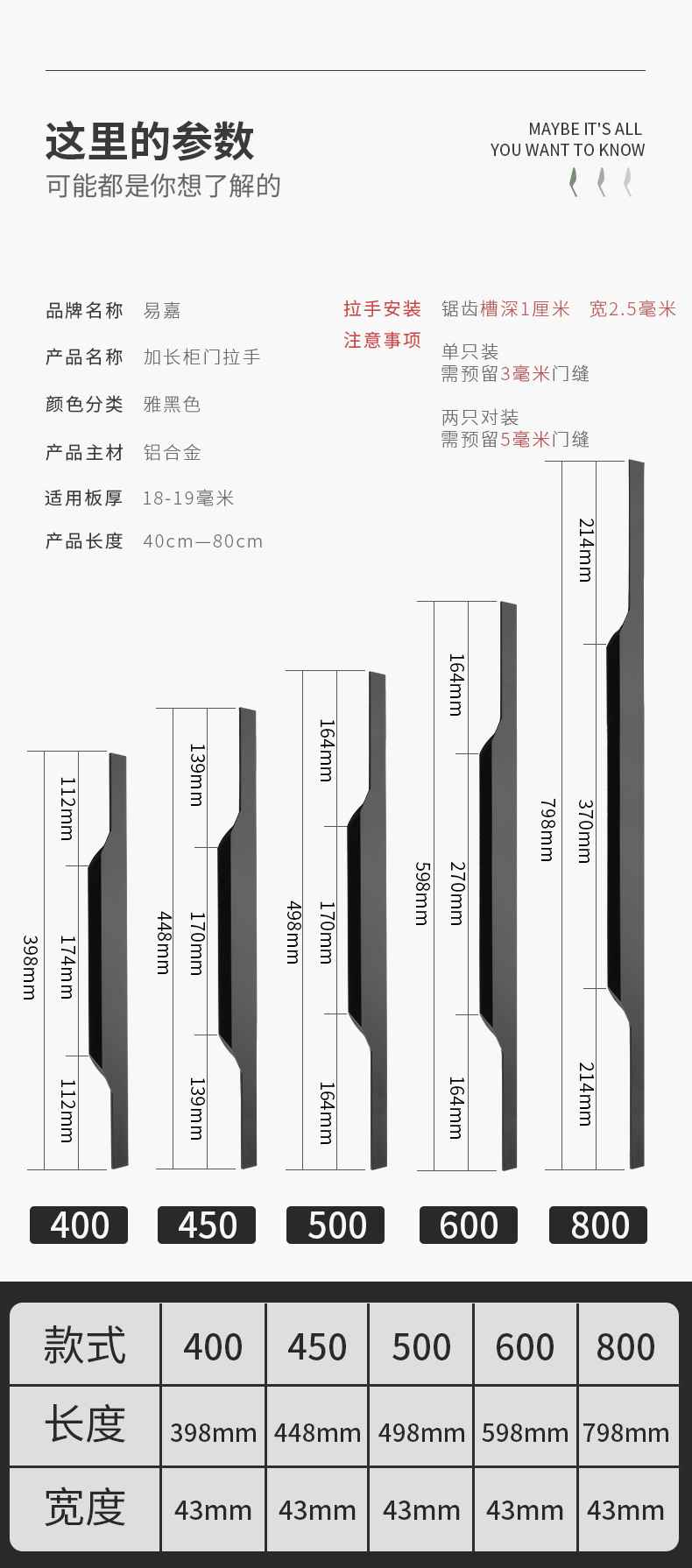 易嘉简约美式柜门封边加长拉手 黑色柜门免开槽卡f型18板薄款拉手