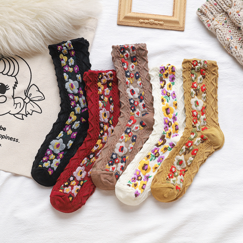 日韩复古碎花袜子女中高筒高帮堆堆长袜ins原宿花学院风秋冬棉袜
