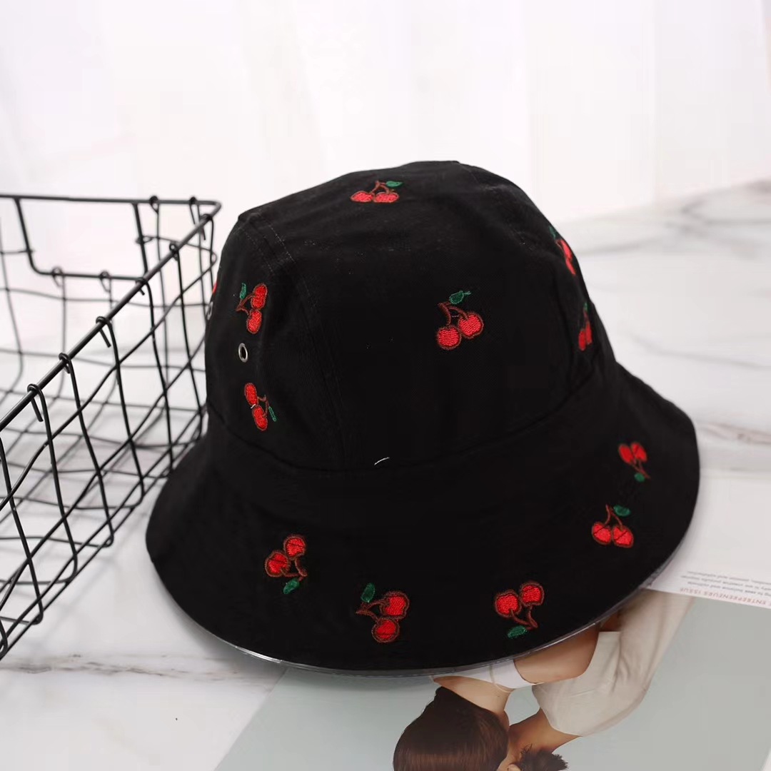 日系新款帽子薄款刺绣樱桃成人渔夫帽女夏百搭遮阳帽子女帽盆帽