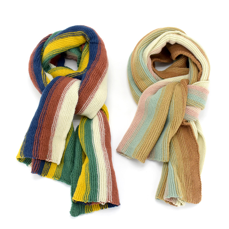 彩虹条纹针织围巾女秋冬加厚披肩两用韩版学生保暖少女毛线围脖