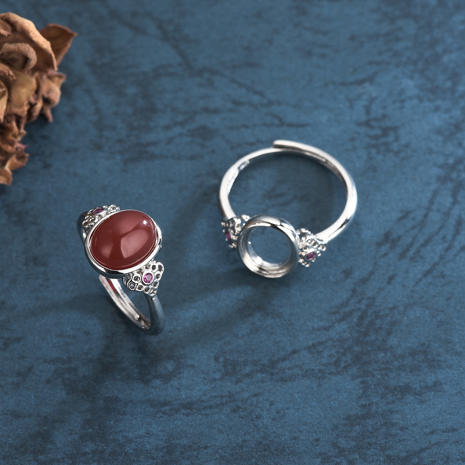 源头厂家铜饰品跨境爆款配饰同心锁白金戒指女日韩 镶嵌蜜蜡 玉髓