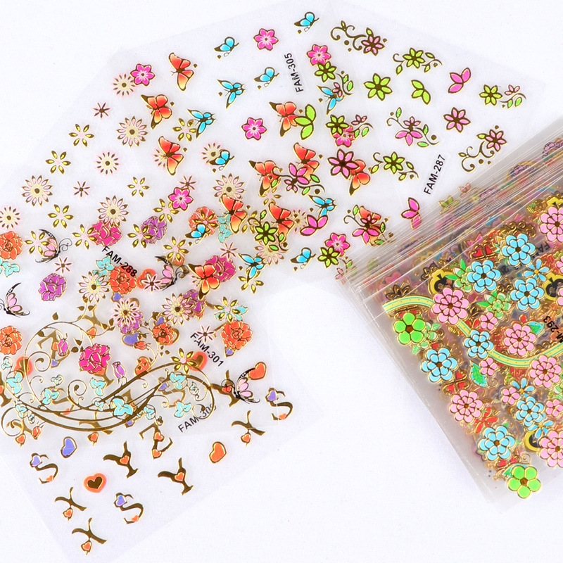 3D Nail Art Gold Foil Stickers Butterfly Flower Valentine's Day Nail Art Back Glue 30 Pieces a Pack of Nail Sticker