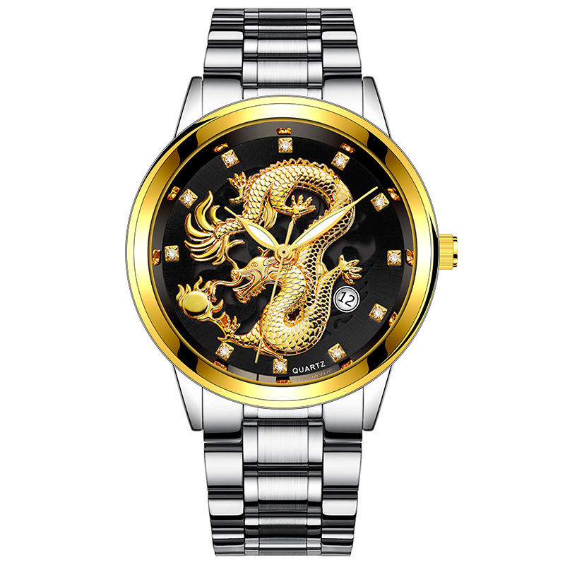 Factory Direct Sales Steel Band Gold Relief Golden Dragon Non-Mechanical Business Alloy Diamond Band Calendar Quartz Men's Watch