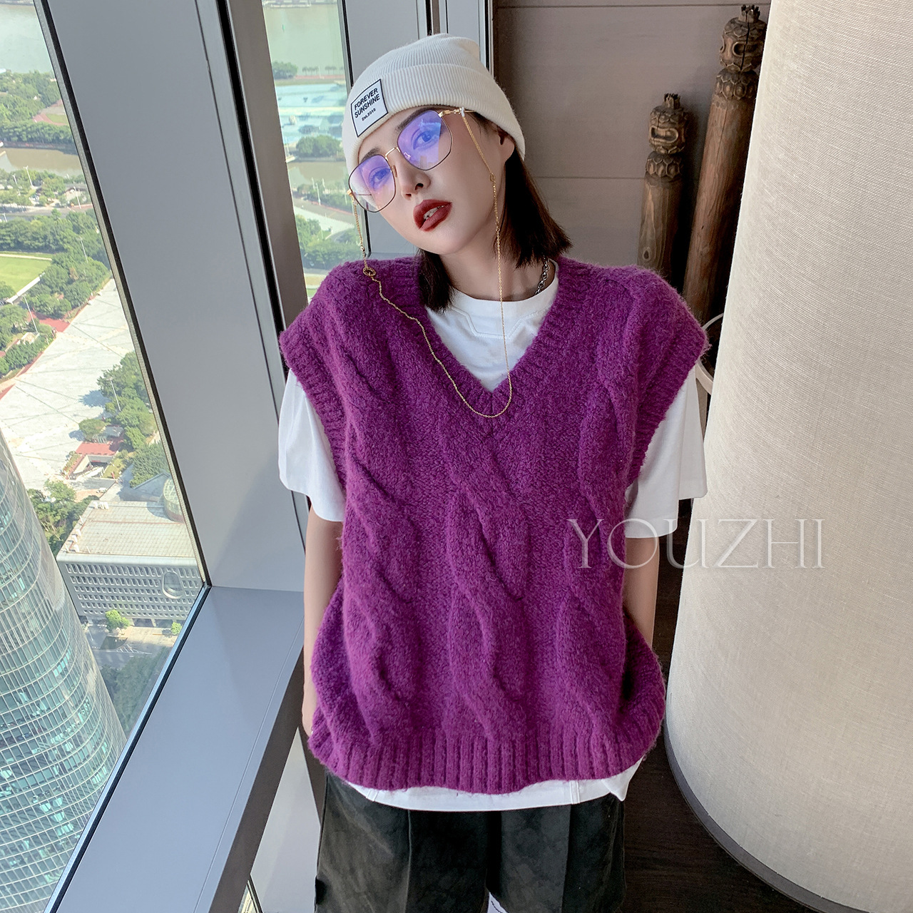 【正确版】we11done 20秋冬 紫色 v领羊毛针织马甲毛衣背心短款女