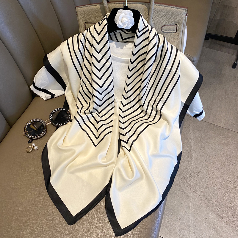 Nordic Simple Black and White Plaid Striped Large Kerchief Women's Summer Silk Scarf Multi-Functional Korean Scarf Small Scarf Wholesale