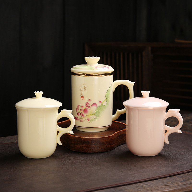 厂家直销 德化白瓷三件套办公个人陶瓷杯创意杯子带过滤茶杯茶具