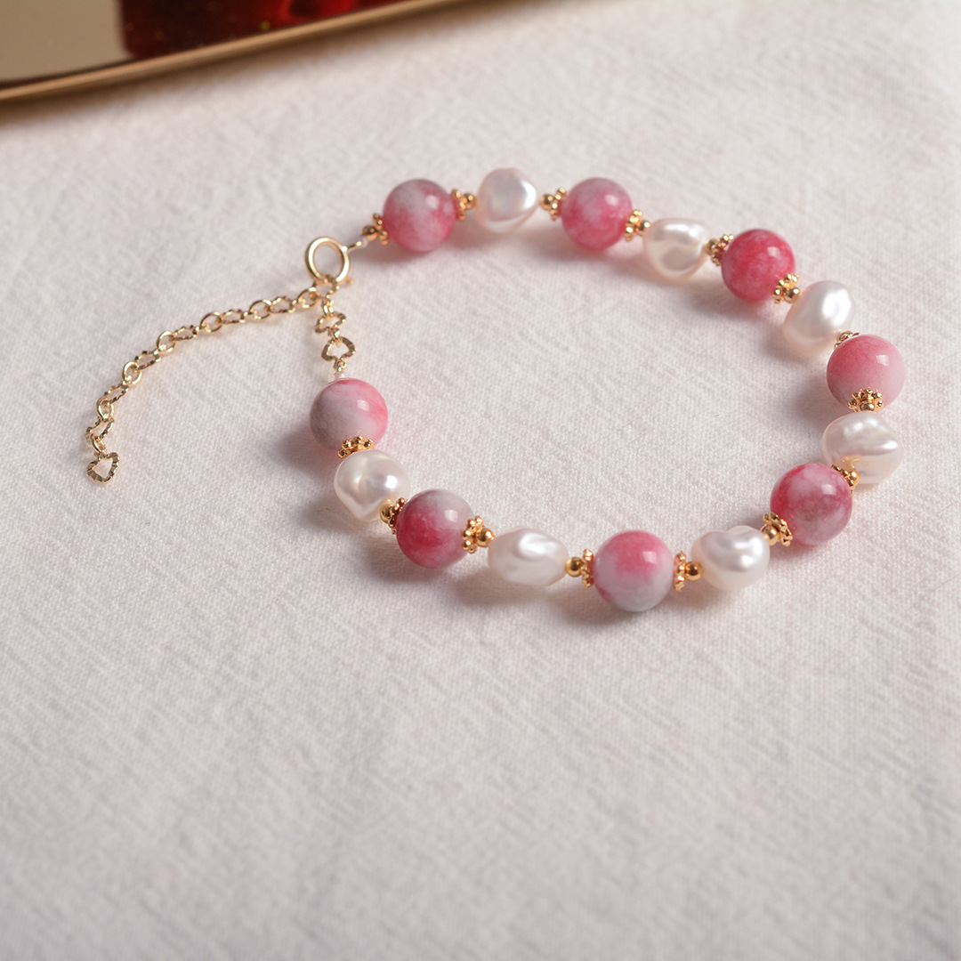 欧美创意时尚桃花玉巴洛克珍珠手链 手工编织14k包金淡水珍珠手链