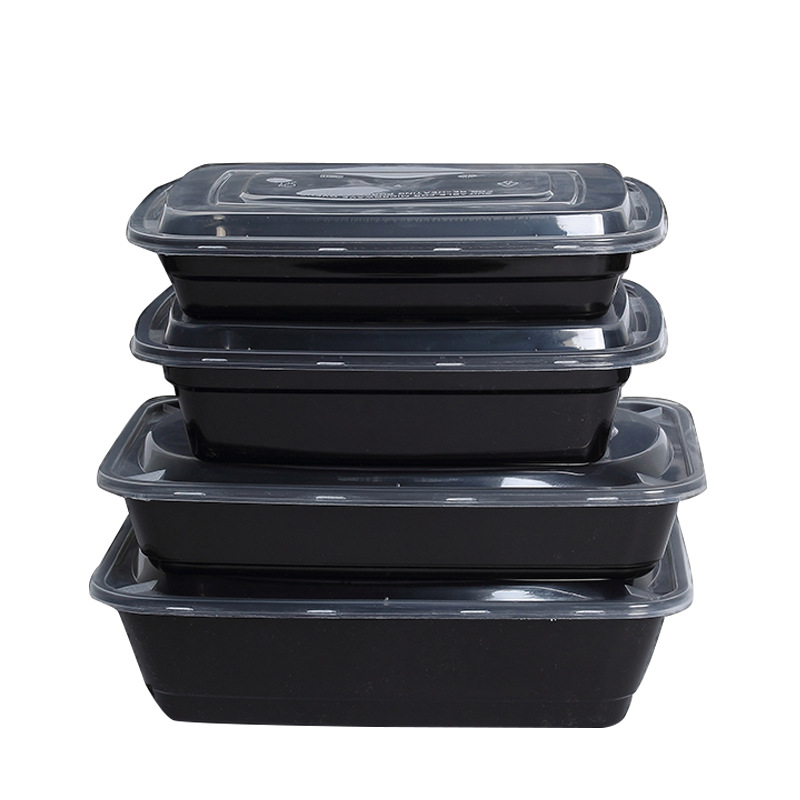 【厂家直销】美式圆形黑色打包盒汤碗外卖饭盒凸盖长方形便当盒
