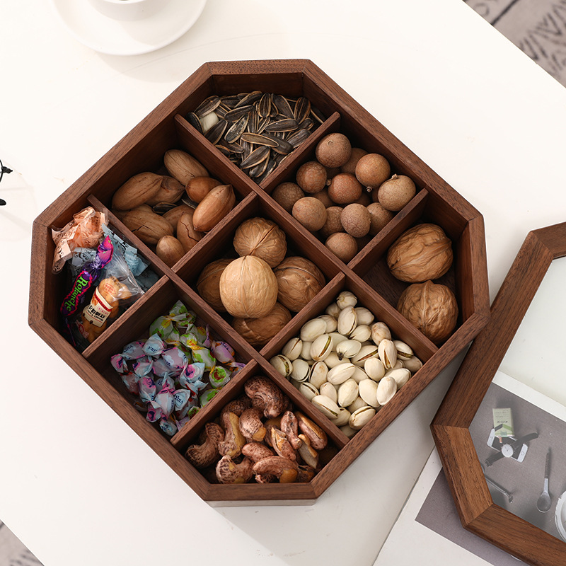 黑胡桃实木干果盒分格带盖干果盘新中式轻奢创意婚庆日用百货木盒