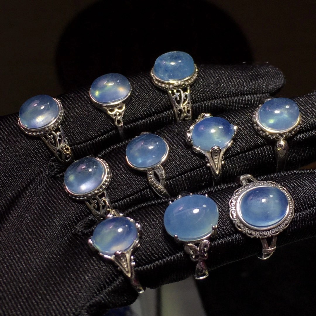 厂家批发海蓝宝戒指 925银镶嵌戒面干净晶体冰透起荧光 活口设计