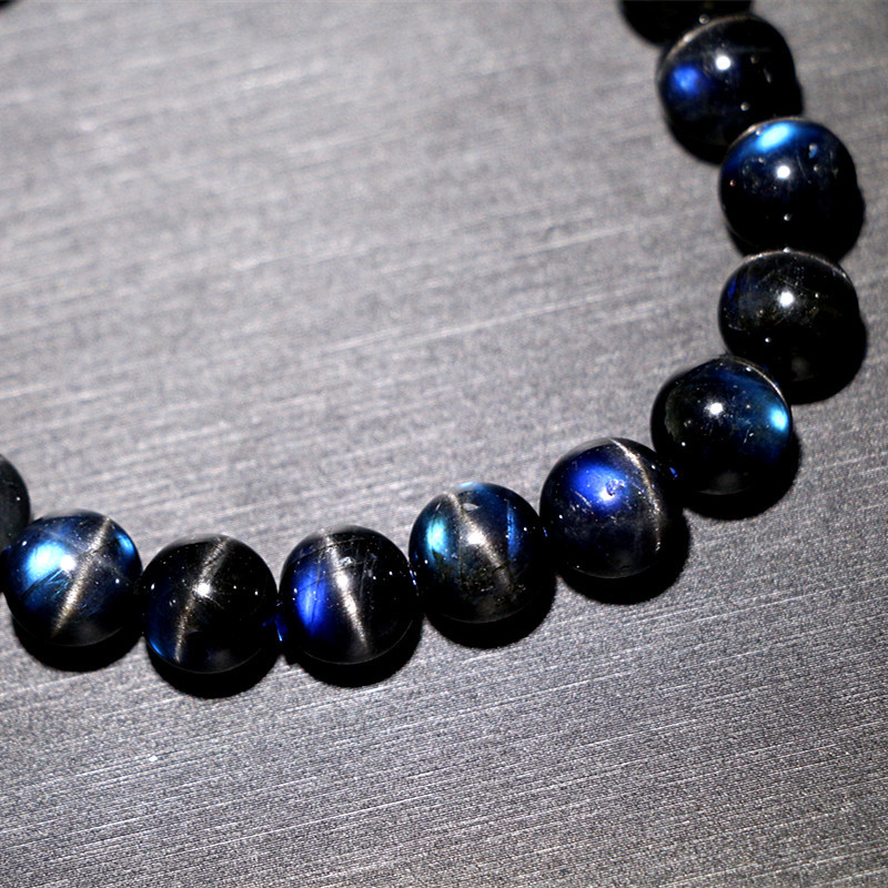 天然水晶宝石 拉长石手链 黑拉长石 闪电纹粒粒强蓝光 8a