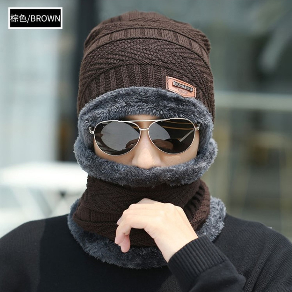 Winter Hat Men's Fleece-Lined Warm Wool Hat Women's Scarf Hat Outdoor Cold-Proof Knitted Hat Ear Protection Cotton Hat