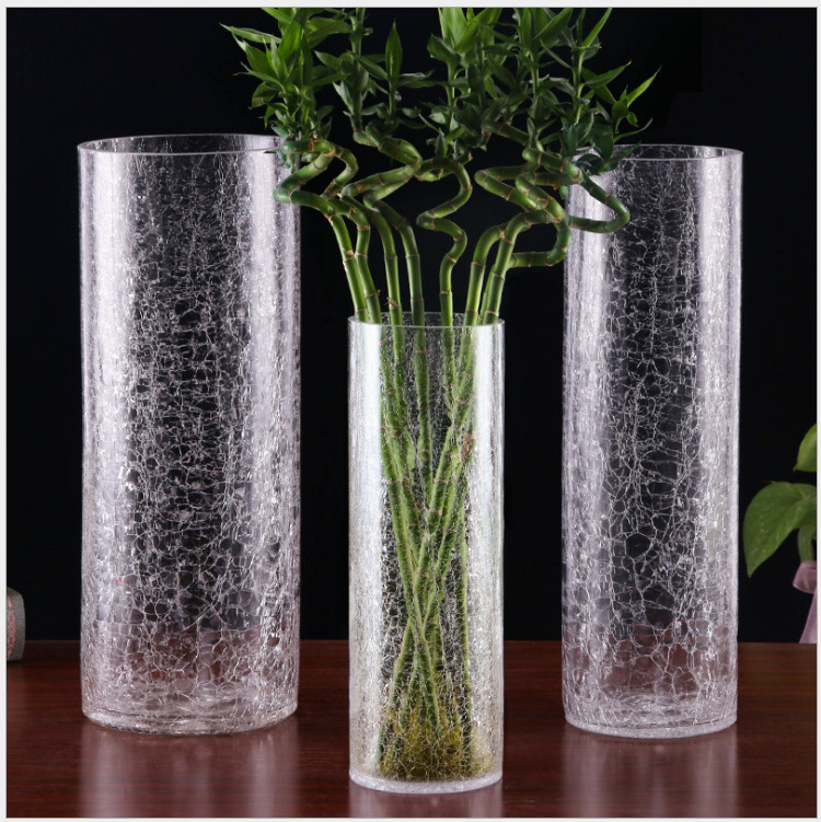 加厚直筒圆柱形玻璃冰裂碎花花瓶裂纹玻璃水培花瓶家居摆件冰花
