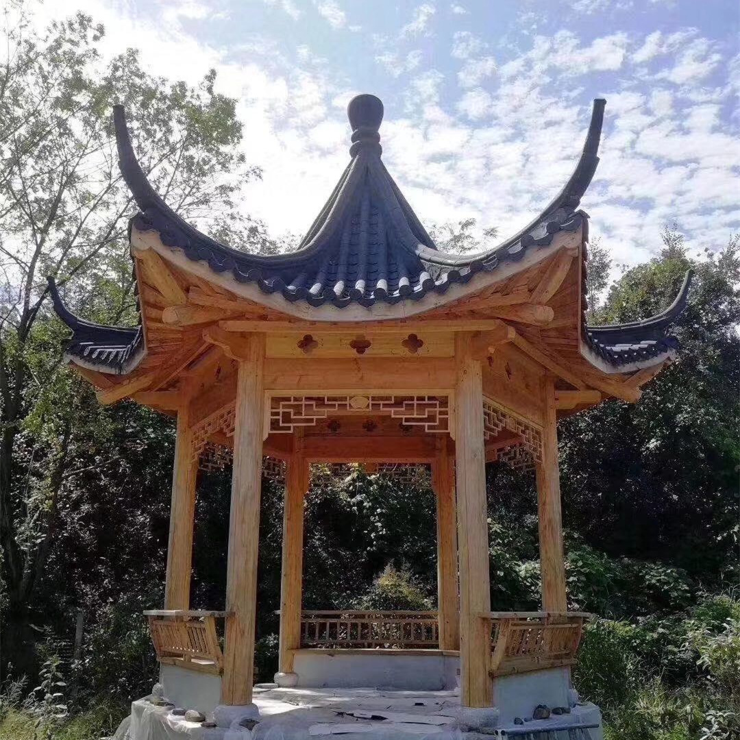 凉亭防腐木美人靠仿古四角六角户外长廊菠萝格山樟柚木中山厂家
