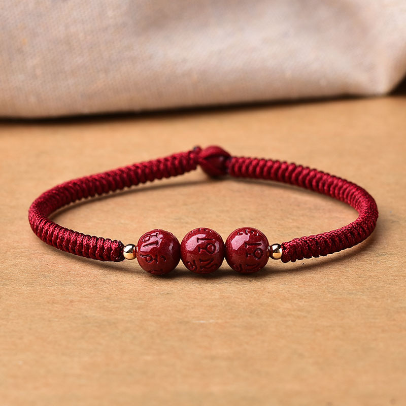 原矿紫金砂六字真言红绳手链女本命年朱砂大名咒金刚结情侣手绳