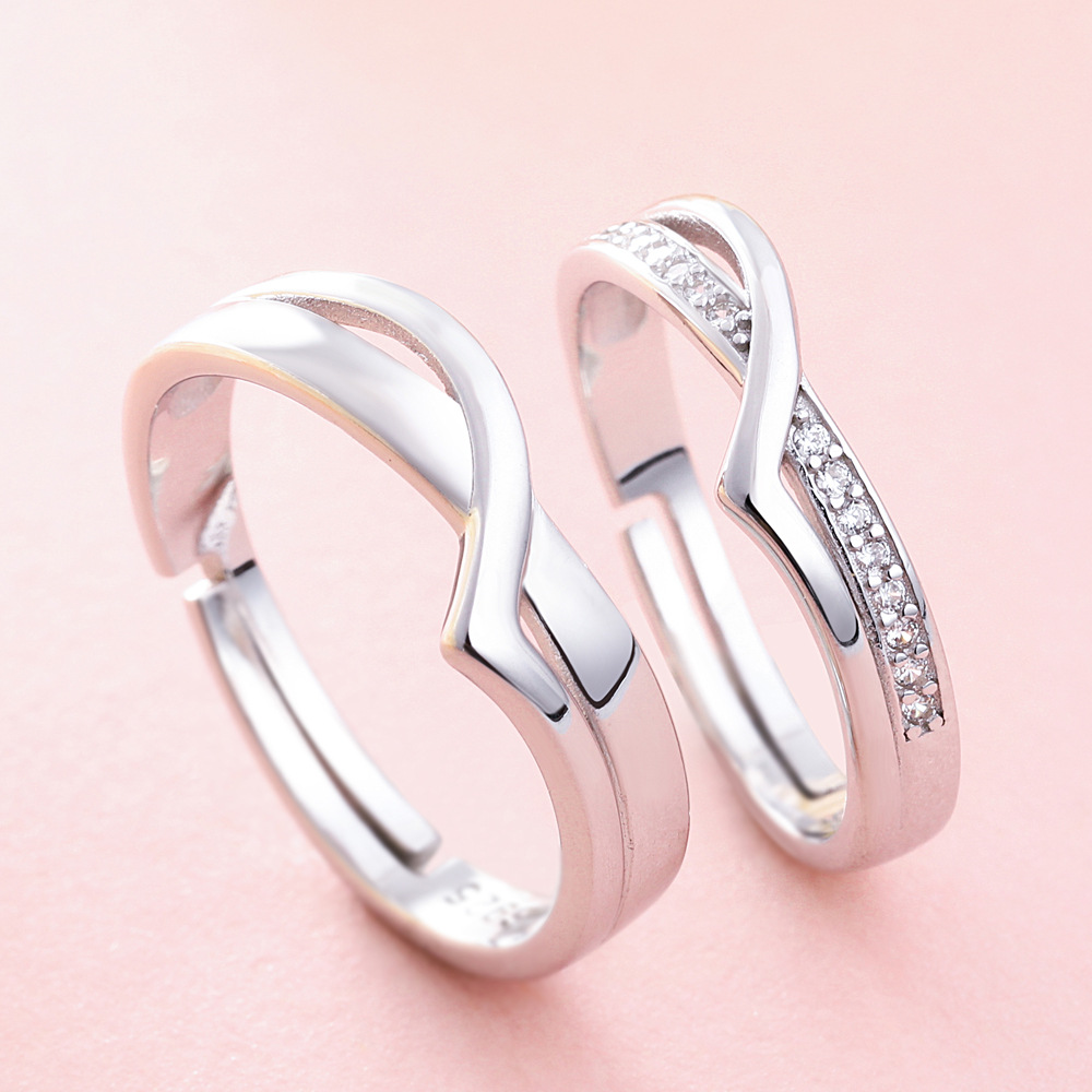 通琳开口情侣戒指一对s925纯银情侣戒设计感钻戒男女对戒定制刻字