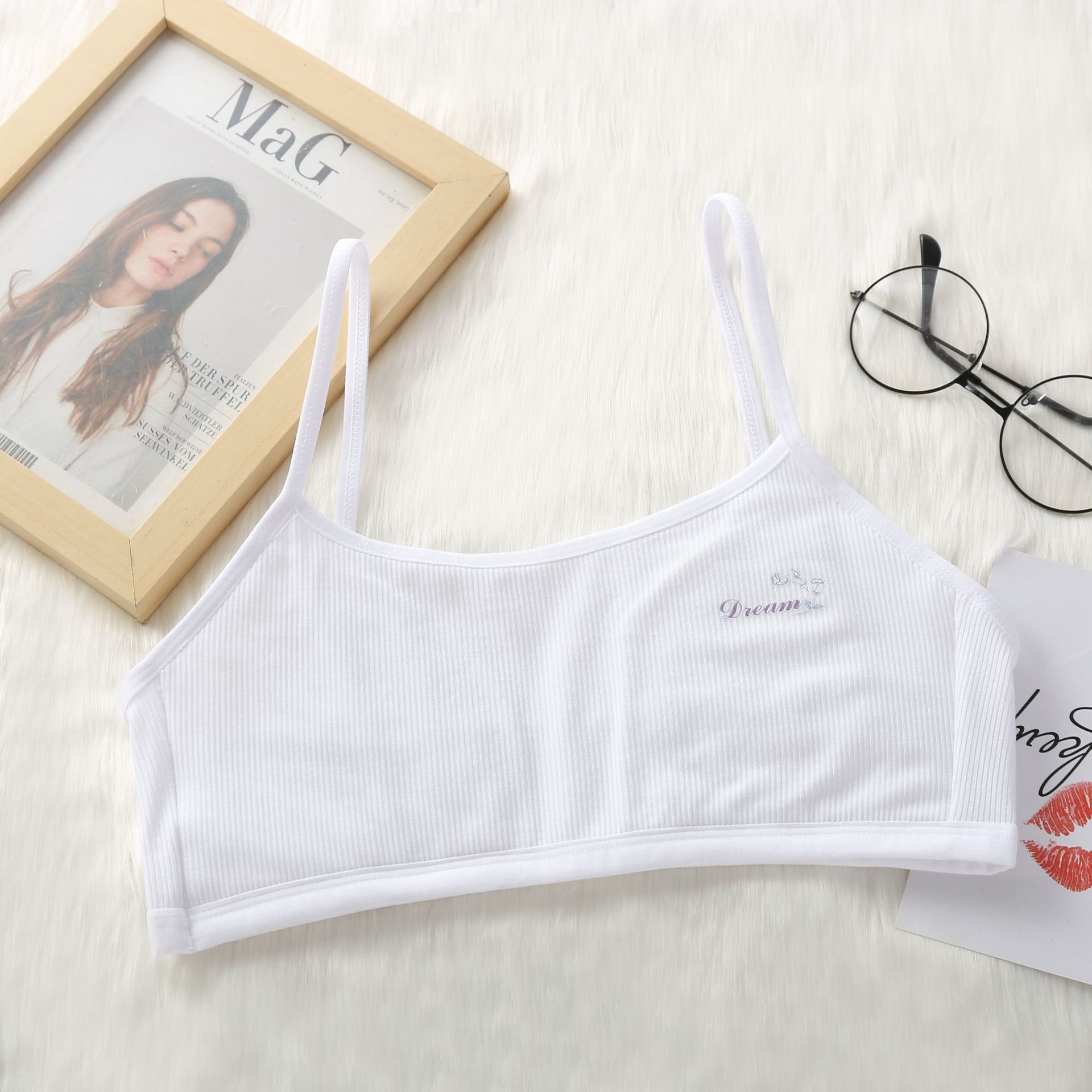 学生发育期内衣小学初中生防凸点无钢圈裹胸夹薄棉女童吊带小背心