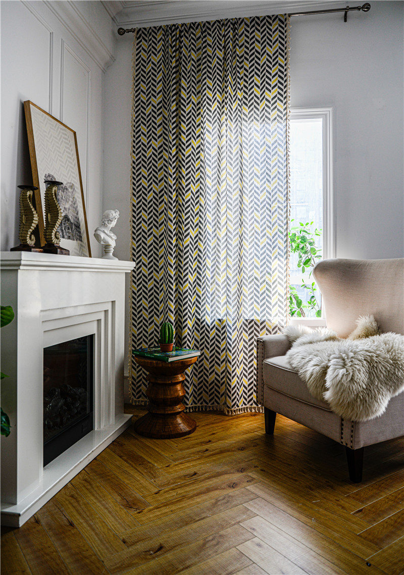 外贸简约涤棉几何灰黄梯形流苏窗帘布家用民宿挂帘成品一件代发