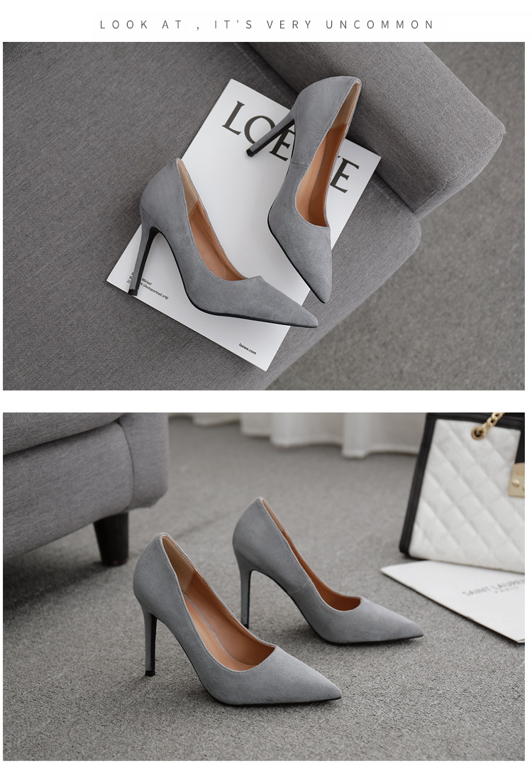 6cm 8cm 10cm高跟鞋女细跟尖头工作鞋绒面黑色职业浅口单鞋潮