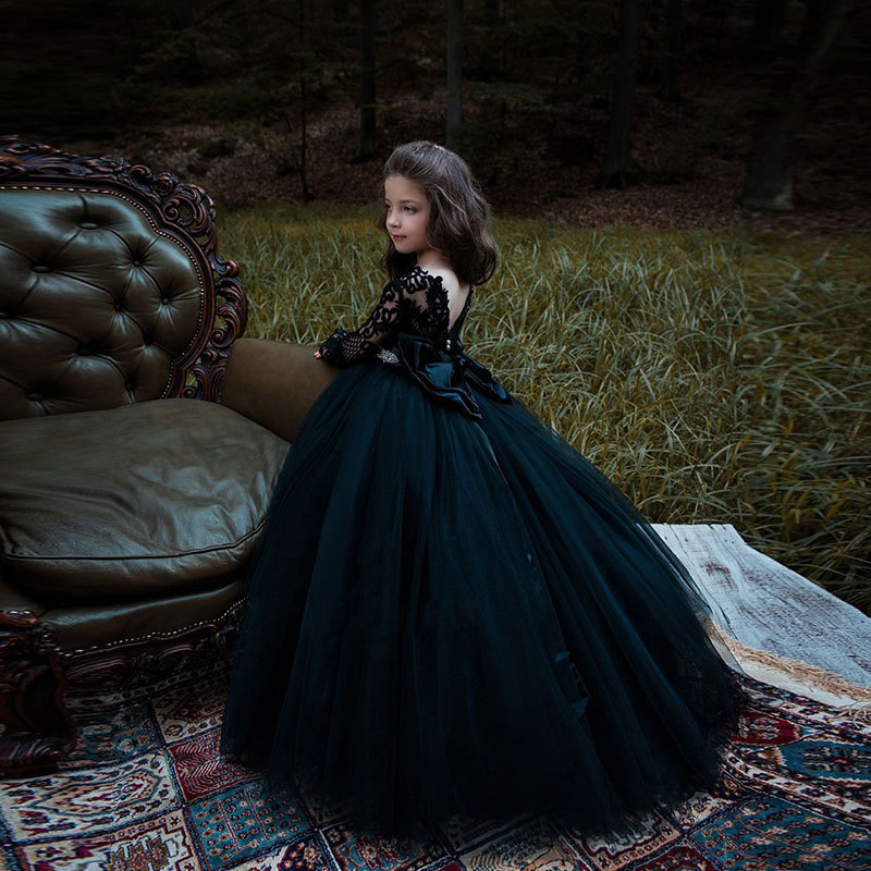 黑色儿童宴会礼服女童钢琴演奏表演礼服女孩生日模特走秀长袖礼服