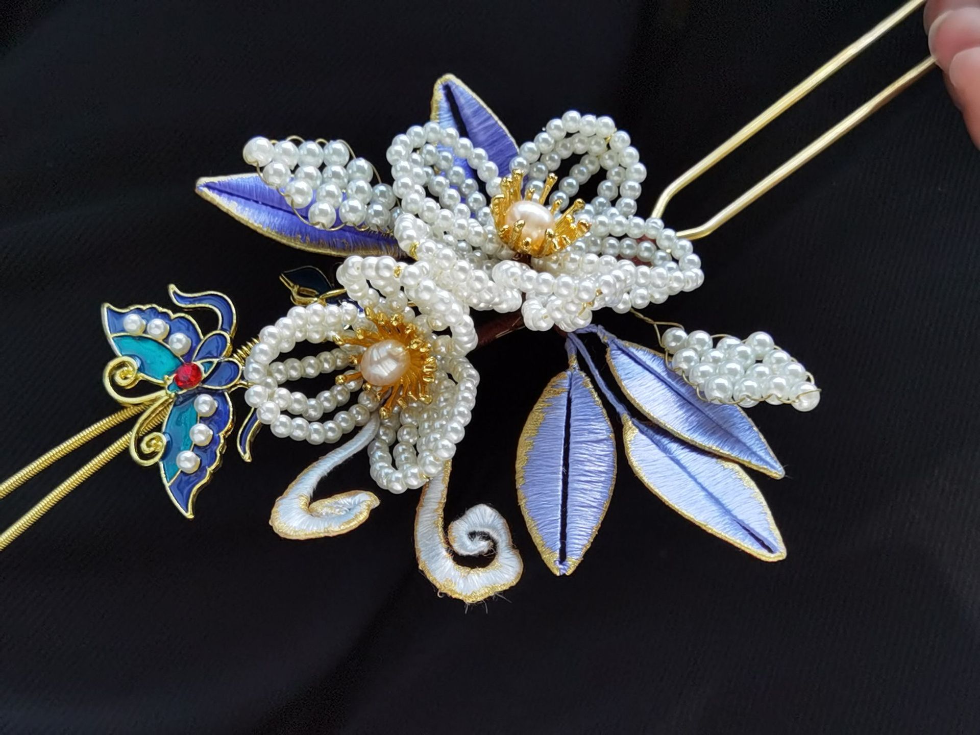 原创缉珠仿点翠金边真丝缠花流苏头饰发簪汉服簪子古风旗袍发饰