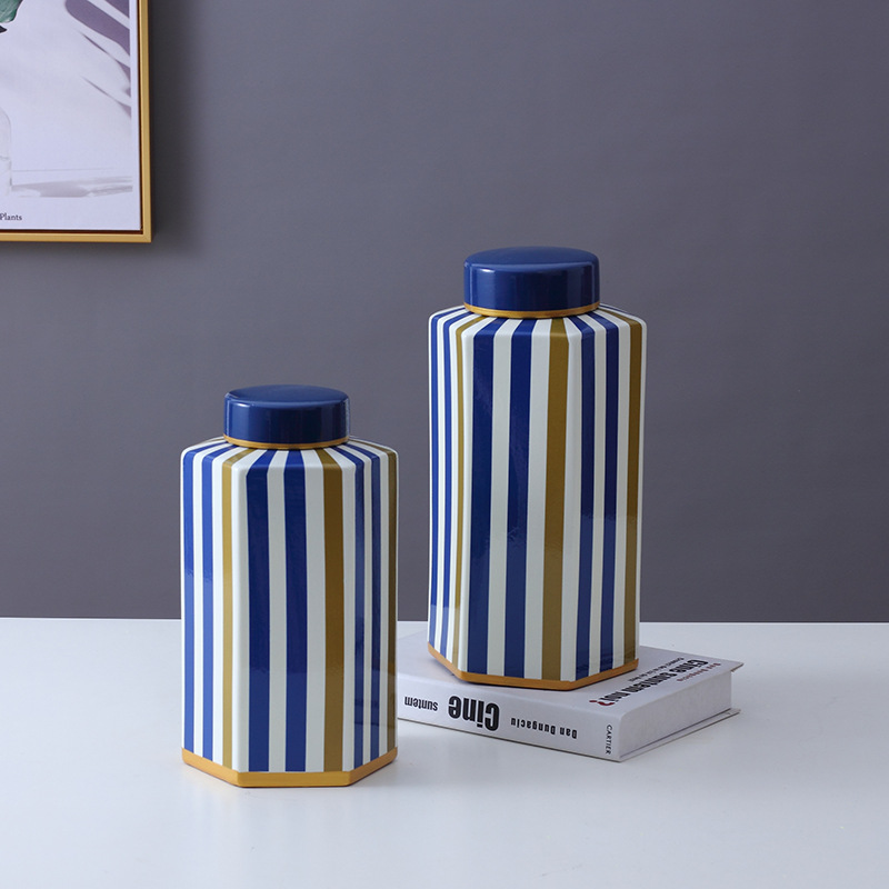 Ceramic Hexagonal Vase Striped Ceramic Pot Nordic Home Decoration Ceramic Vase Hallway Hotel Decoration Decoration