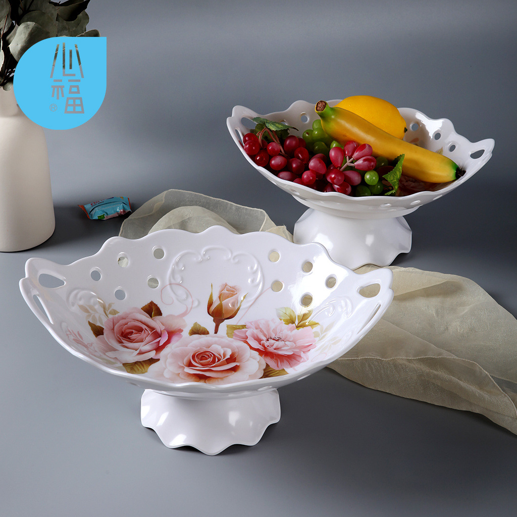 椭圆形双耳带底座镂空果盘立体浮雕密胺欧式高档奢华家居家用果盘