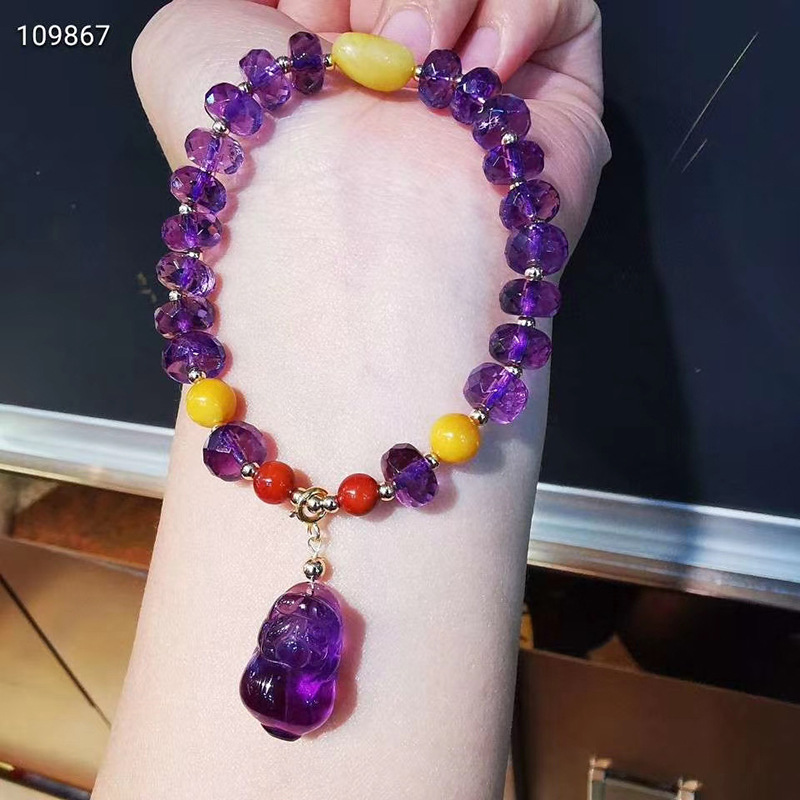 自然紫水晶盘珠手链搭配蜜蜡紫水晶雕刻吊坠手串手环