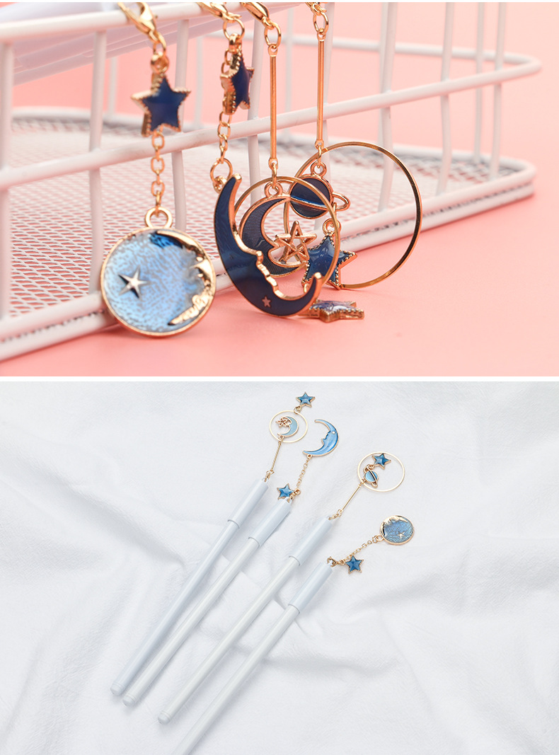 新款创意星星月亮吊坠笔创意中性笔少女挂件中性学生水性笔