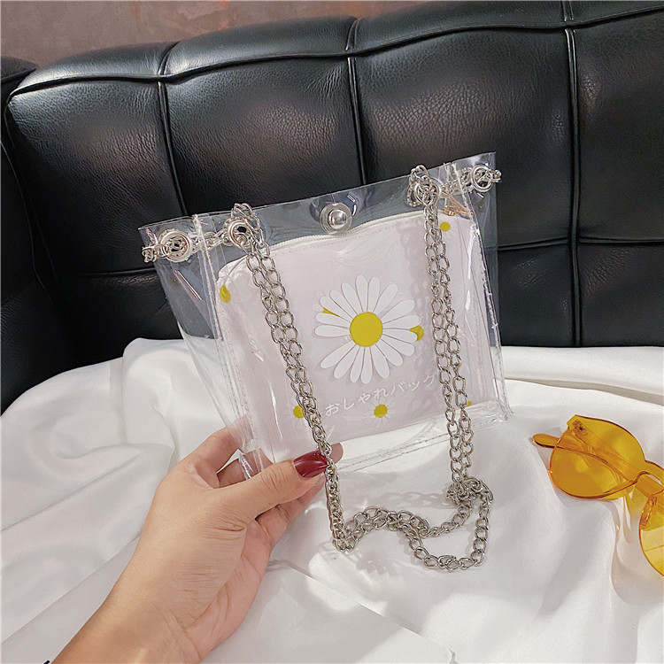 网红透明小包包女2020新款潮小清新子母果冻包印花链条斜挎水桶包