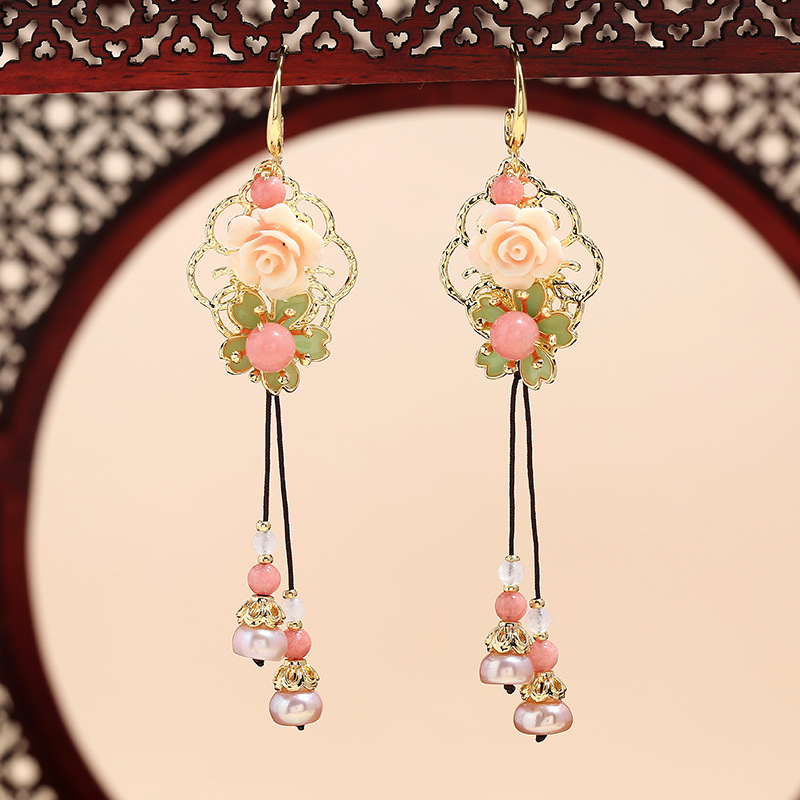 韩版步摇镂空耳饰长款铜片猫眼复古民族风耳环 纯手工diy制作饰品