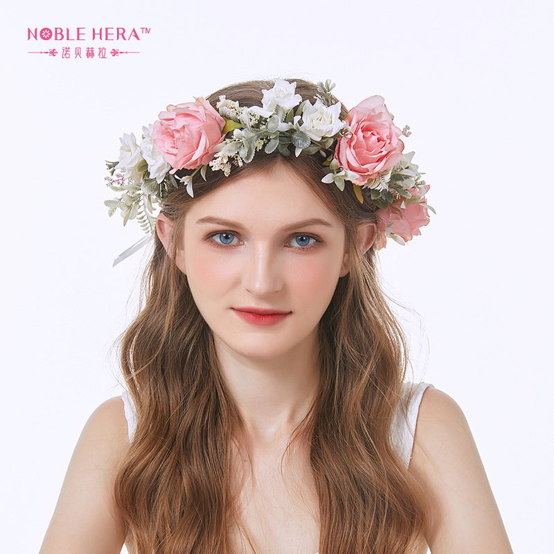 新款新娘玫瑰花环唯美清新结婚饰品田园写真小卷玫发带配饰