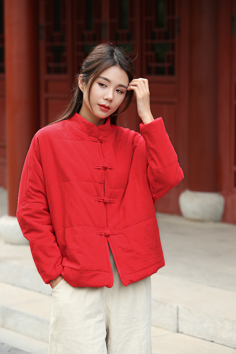 2020冬棉麻女装 砂洗棉麻夹棉 复古宽松蝙蝠袖棉衣棉服