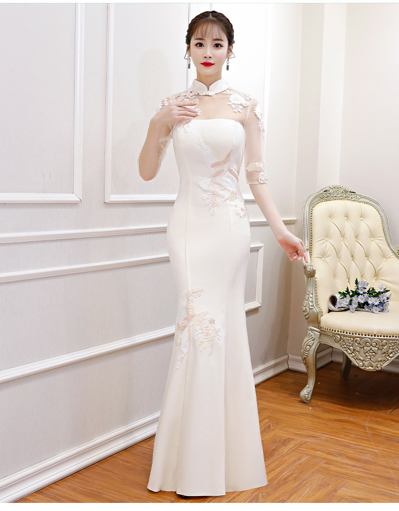 2020新款鱼尾晚礼服女收腰s曲线圆领白色长袖中式长款鱼尾裙旗袍