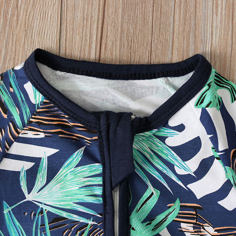 儿童欧美春秋季款男孩长袖树叶图案连体衣爬服哈衣童装连身衣 ins