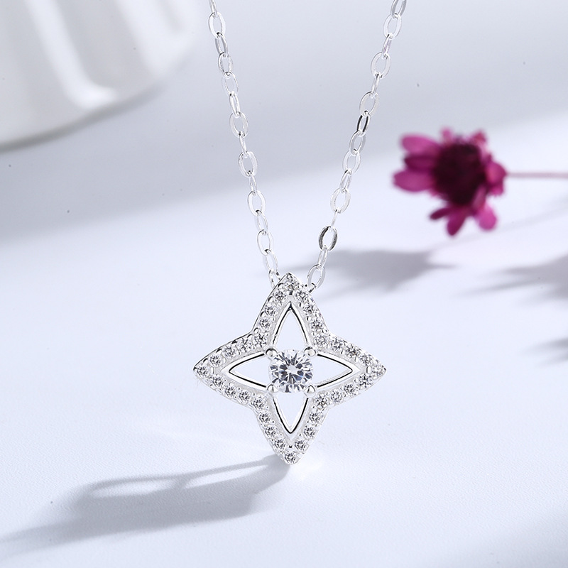s925银星星锁骨链女轻奢闪钻甜美气质森系韩版学生闺蜜四芒星项链