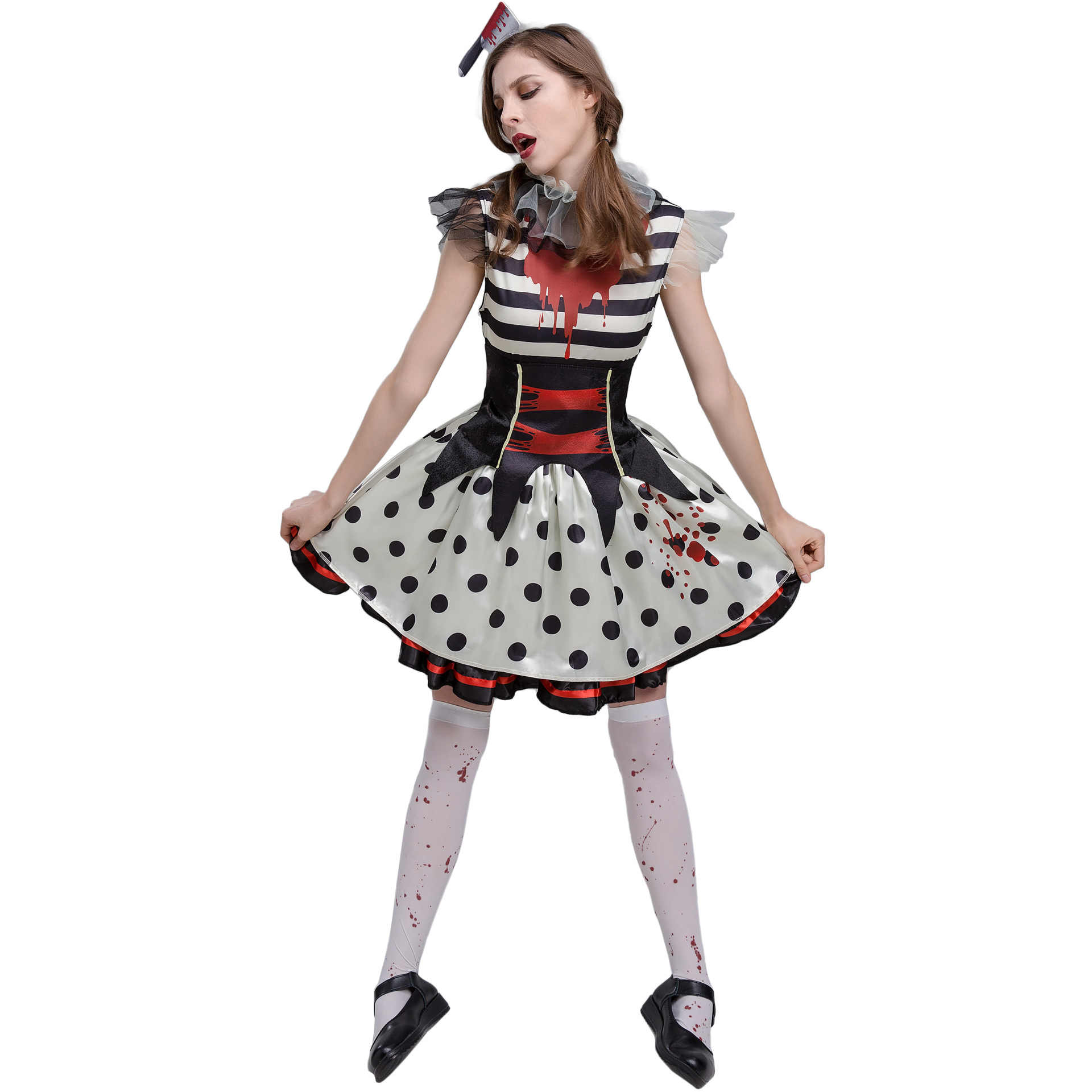 s-xl 马戏团条纹恐怖血迹波点小丑衣服 万圣节吸血僵尸女小丑服