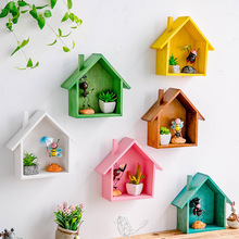 创意壁挂彩色小房子壁饰木质工艺品墙上置物架家居装饰品一件代发