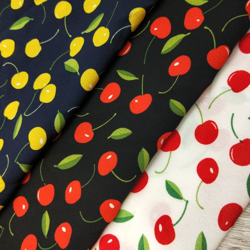 春夏学院风甜美樱桃印花布料布料印花时尚面料雪纺水果印花面料