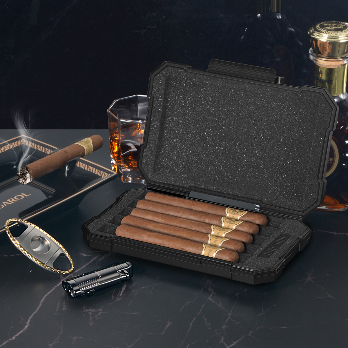 厂家商务旅行便携式雪茄烟盒 塑胶海绵雪茄保湿盒五支装 wlh-0631