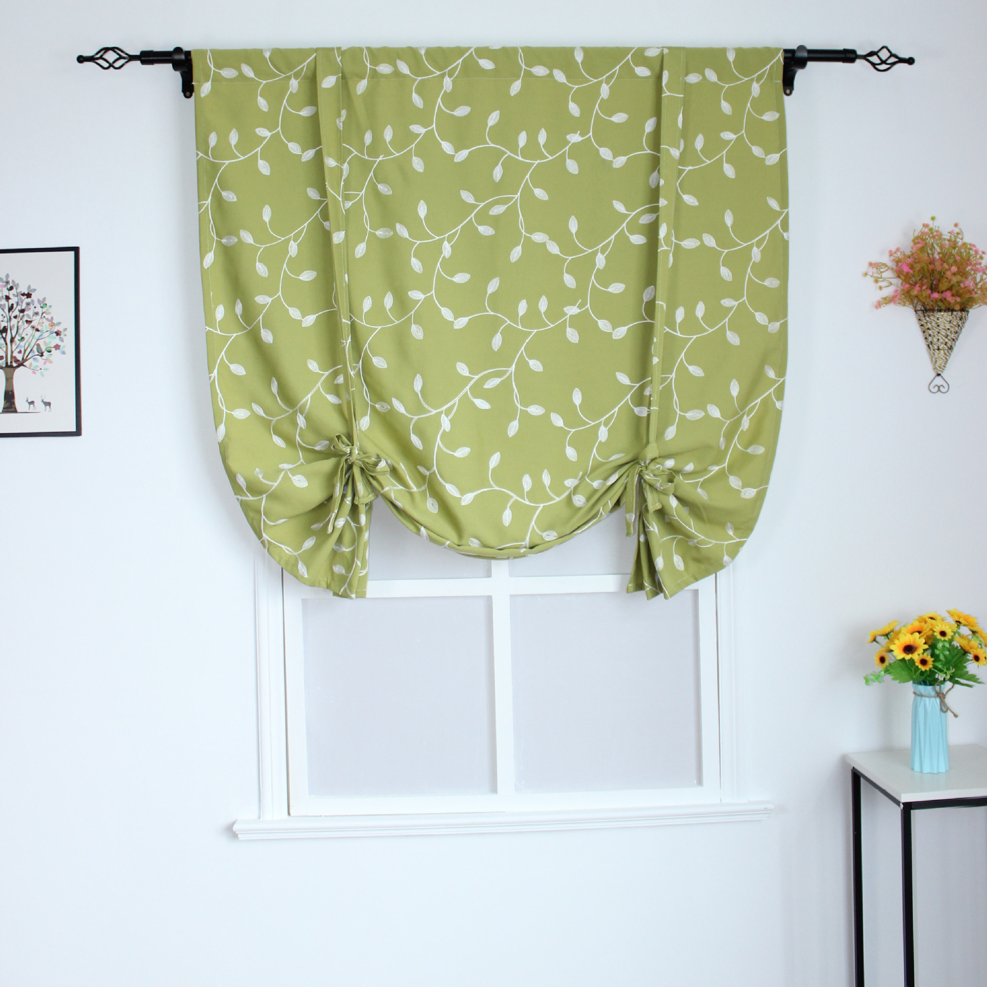 欧美北欧窗帘布绣花窗帘成品罗马帘纯色绣花小窗户用短帘蓝色绿色