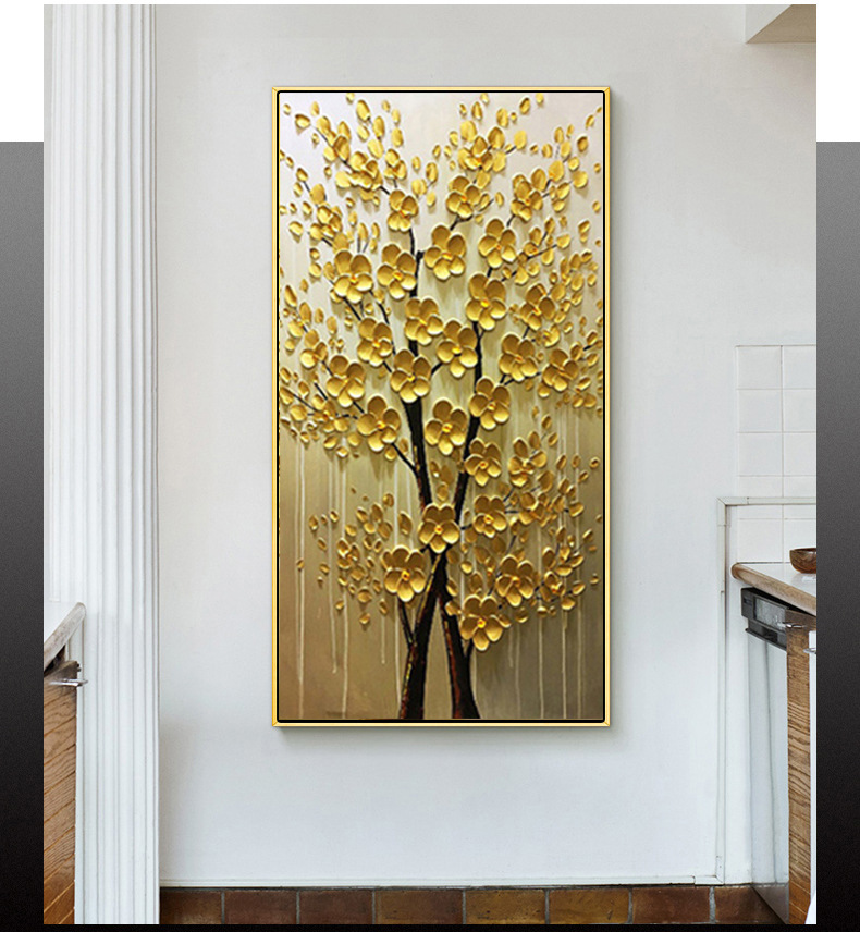 现代轻奢玄关装饰画招财风水发财树挂画竖版大幅油画走廊过道壁画