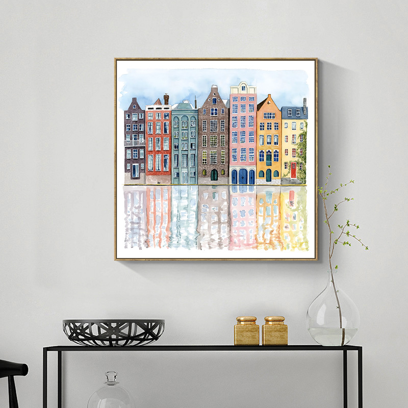 厂家清新客厅装饰画美式 水彩城市建筑倒影酒店公寓民宿挂画