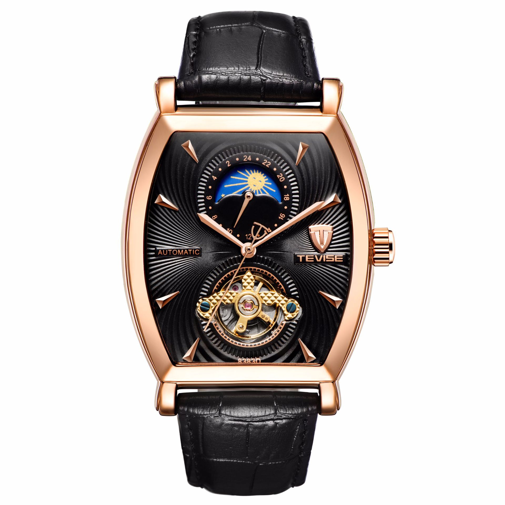 瑞士tevise特威斯爆款酒桶陀飞轮星辰百搭全自动机械男士时尚手表