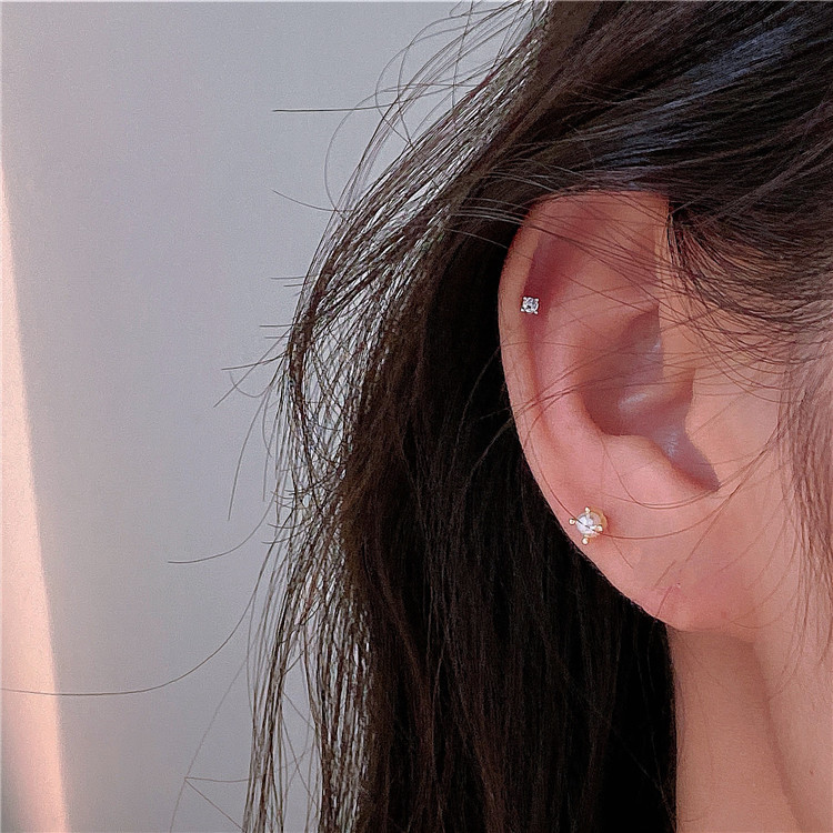 雍程简约925纯银迷你小珍珠耳钉 清新精致气质少女耳骨钉螺丝拧扣
