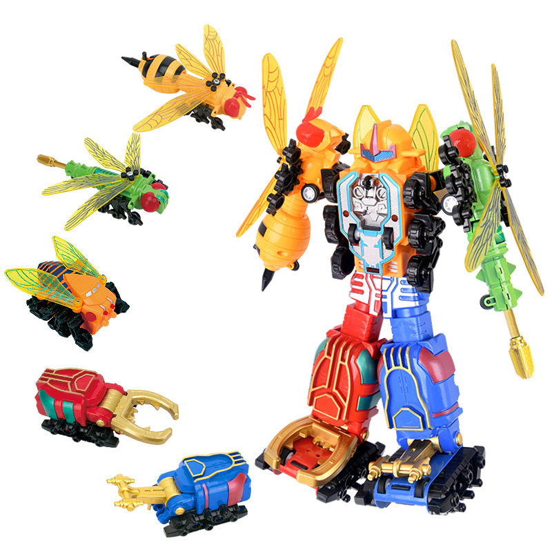 跨境新品五合一变形合体昆虫战队机器人金刚模型益智地摊儿童玩具