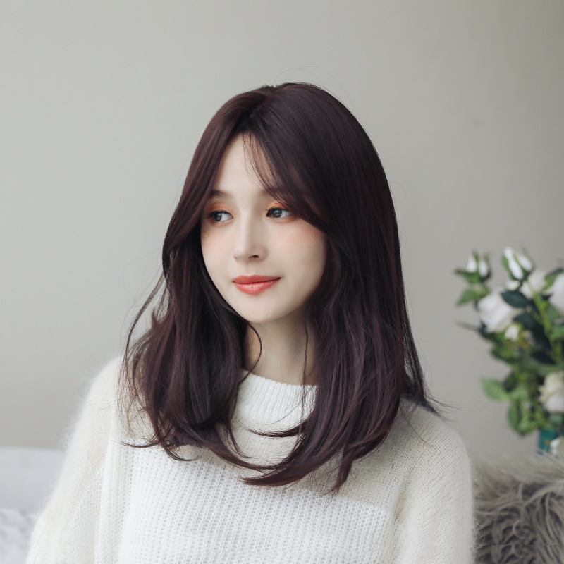 假发女中分锁骨发 八字刘海中长发梨花头内扣发型修脸逼真假发套