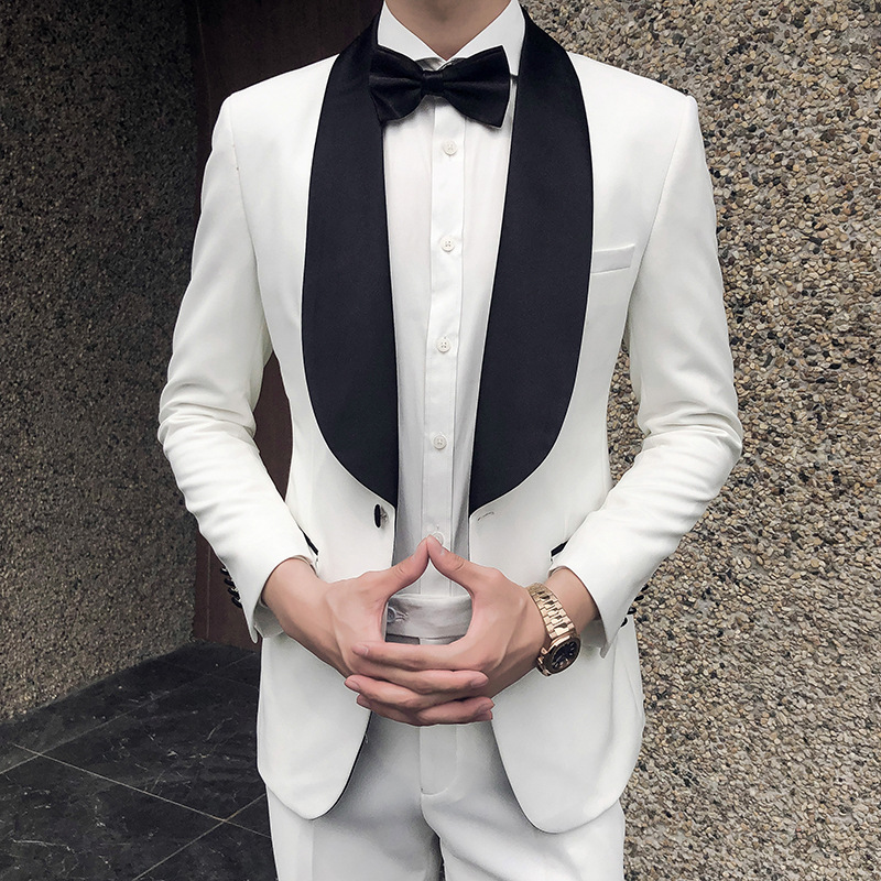 秋款男士新品白色西装晚礼服新郎婚宴韩版修身洋服西服西裤两件套