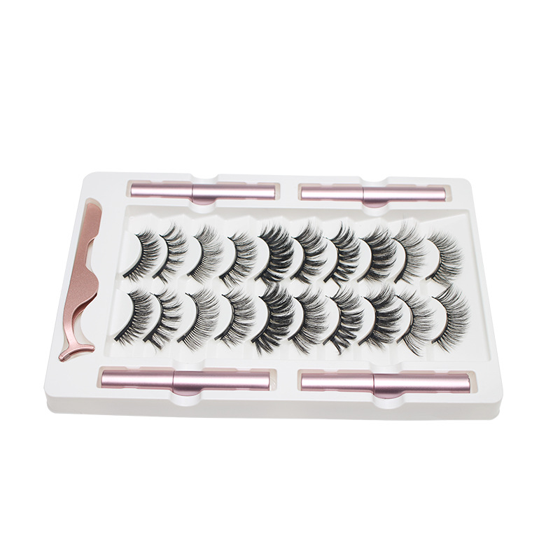 Dingsen4 PCs Liquid Eyeliner Magnet Eyelash Set 10 Pairs of Eyelashes Glue-Free Dual-Use False Eyelashes