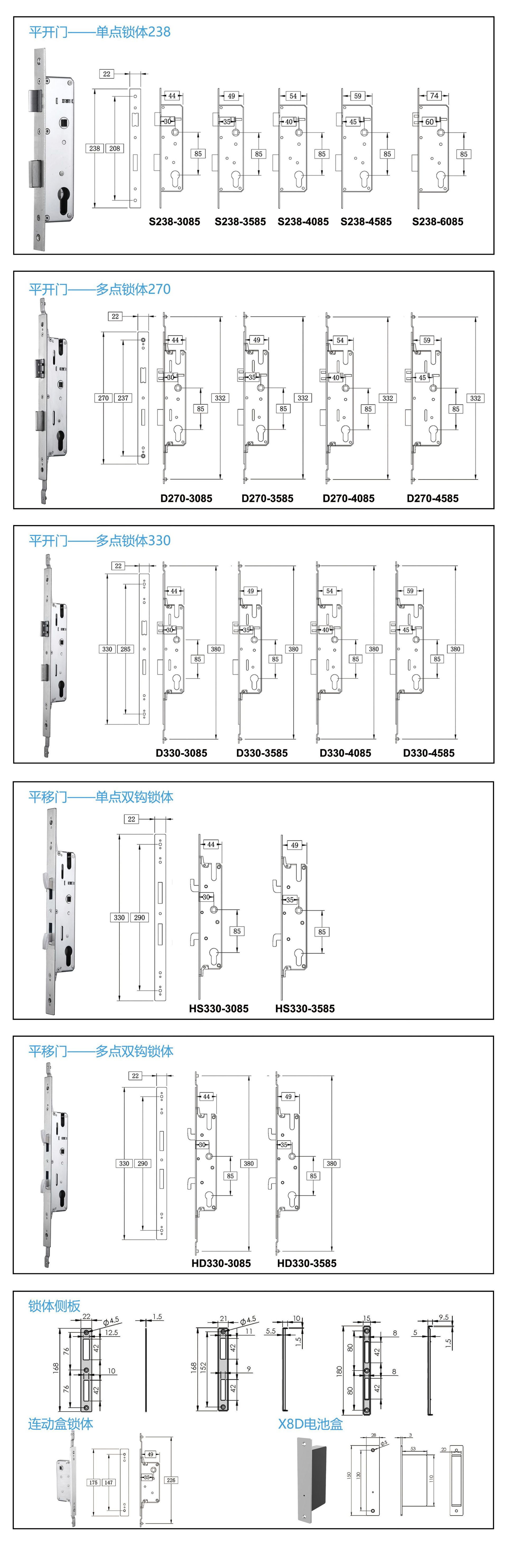 3085断桥铝指纹锁专用双活双快锁体 不锈钢4085双钩多点锁体